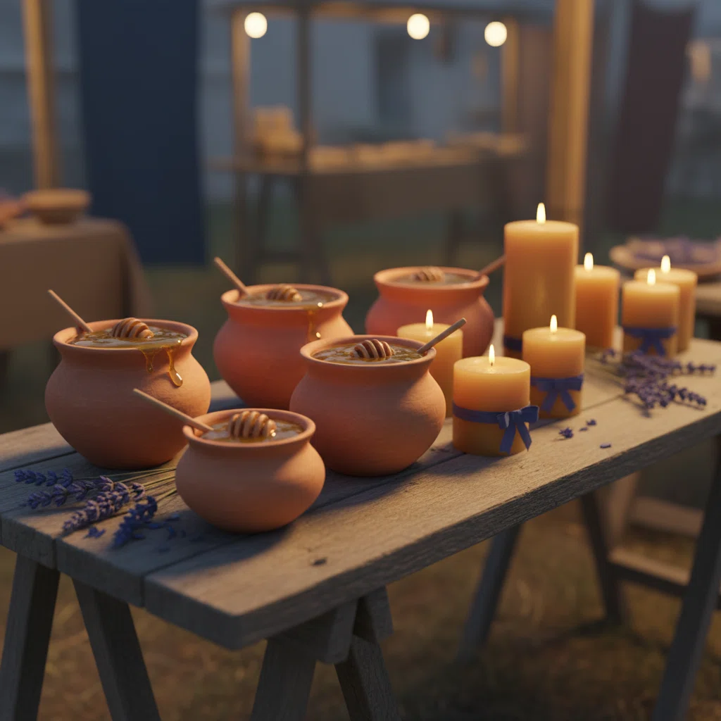 Terracotta pots of wildflower honey and beeswax candles arranged on a weathered market trestle table