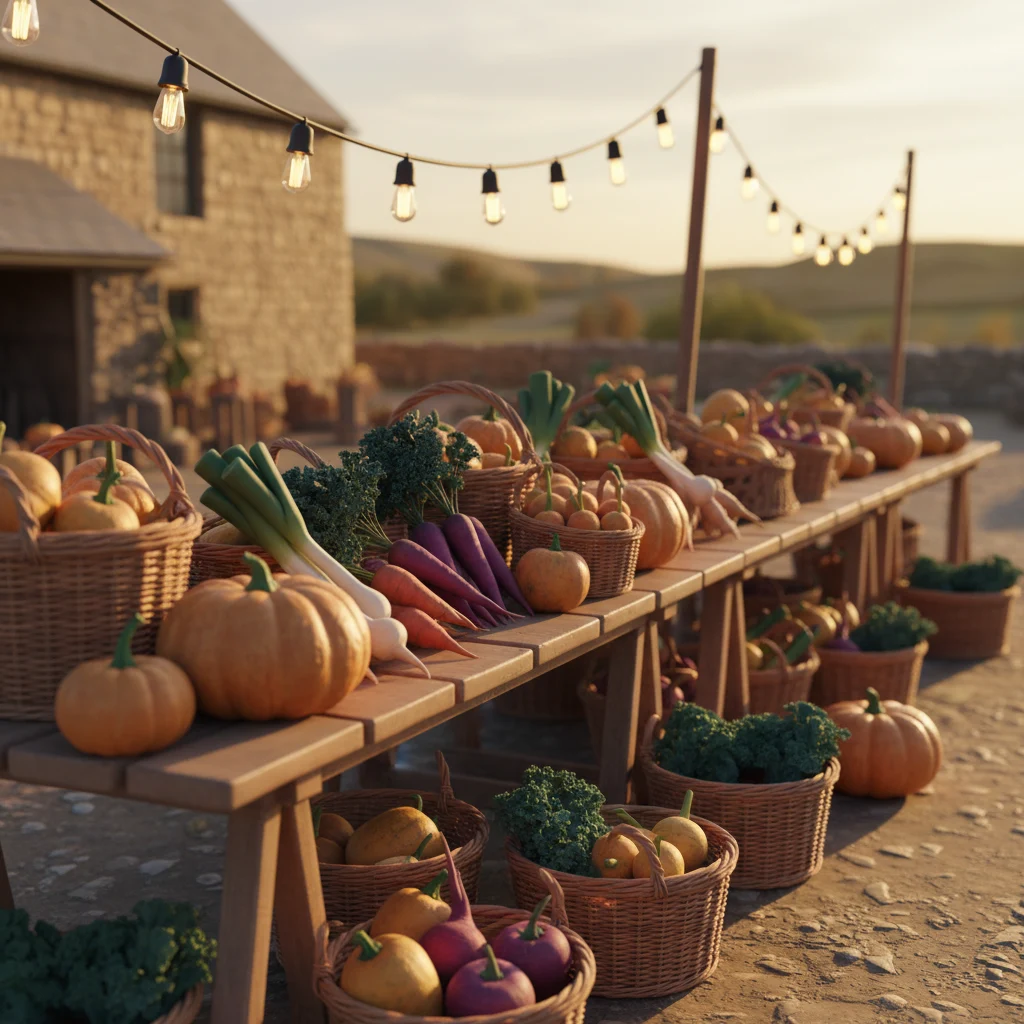 Wooden market trestle tables laden with seasonal vegetables under a soft morning light in an English country market
