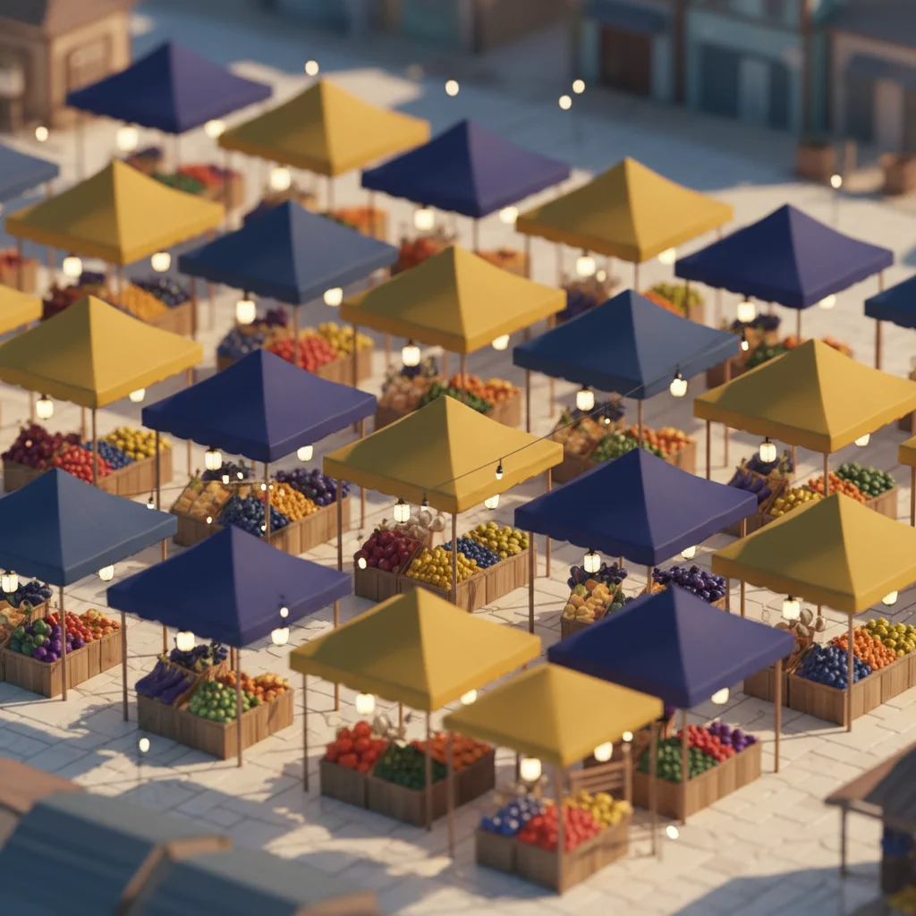 Overhead view of a busy open-air farmers' market event with colourful produce canopies and visitors browsing stalls
