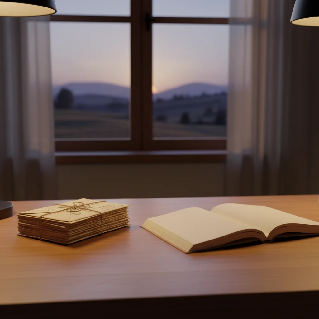 Stack of handwritten reader letters on a wooden desk with a countryside view through the window in soft afternoon light
